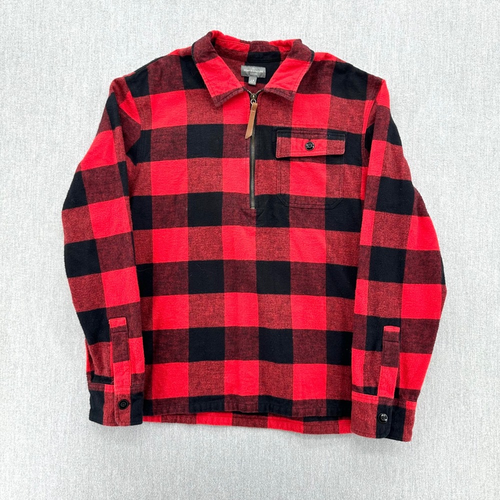 LL Bean Signature Quarter Zip Mens Large Red Plaid Flannel Buffalo Pullover